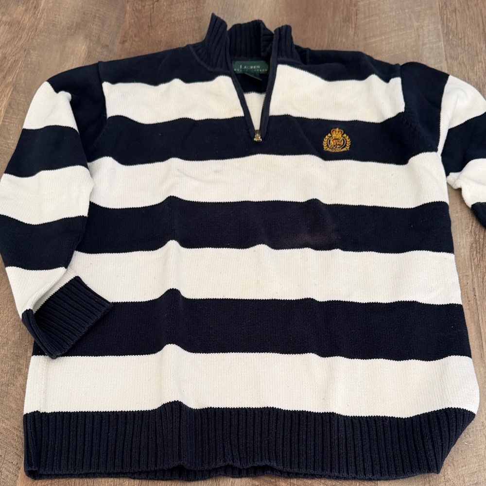 Lauren Ralph Lauren Navy and White Striped Half-Zip Sweater
